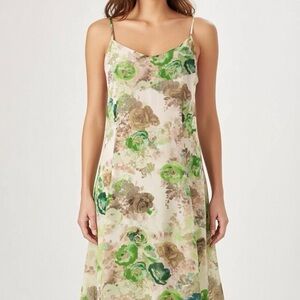HD in Paris Anthropologie 💯 silk Cream/Green/Tan/Brown Women's Slip Dress sz 2